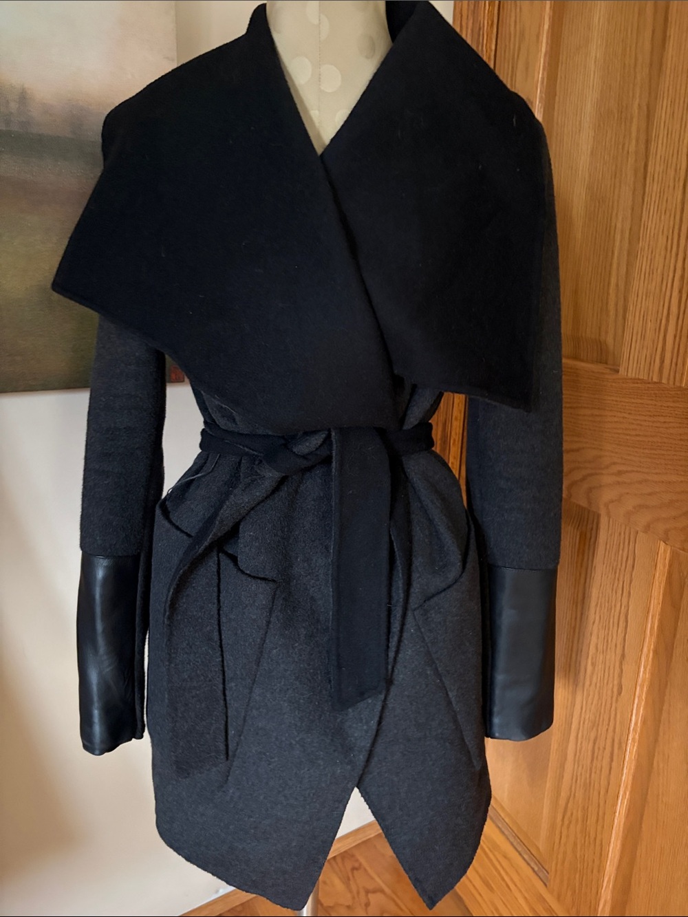 BCBGMaxAzria Two-Tone Black & Charcoal Wrap Trench Coat with Belt